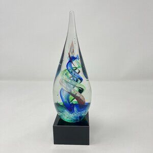 Art Glass Teardrop Award Trophy Paperweight With Attached Black Glass Base